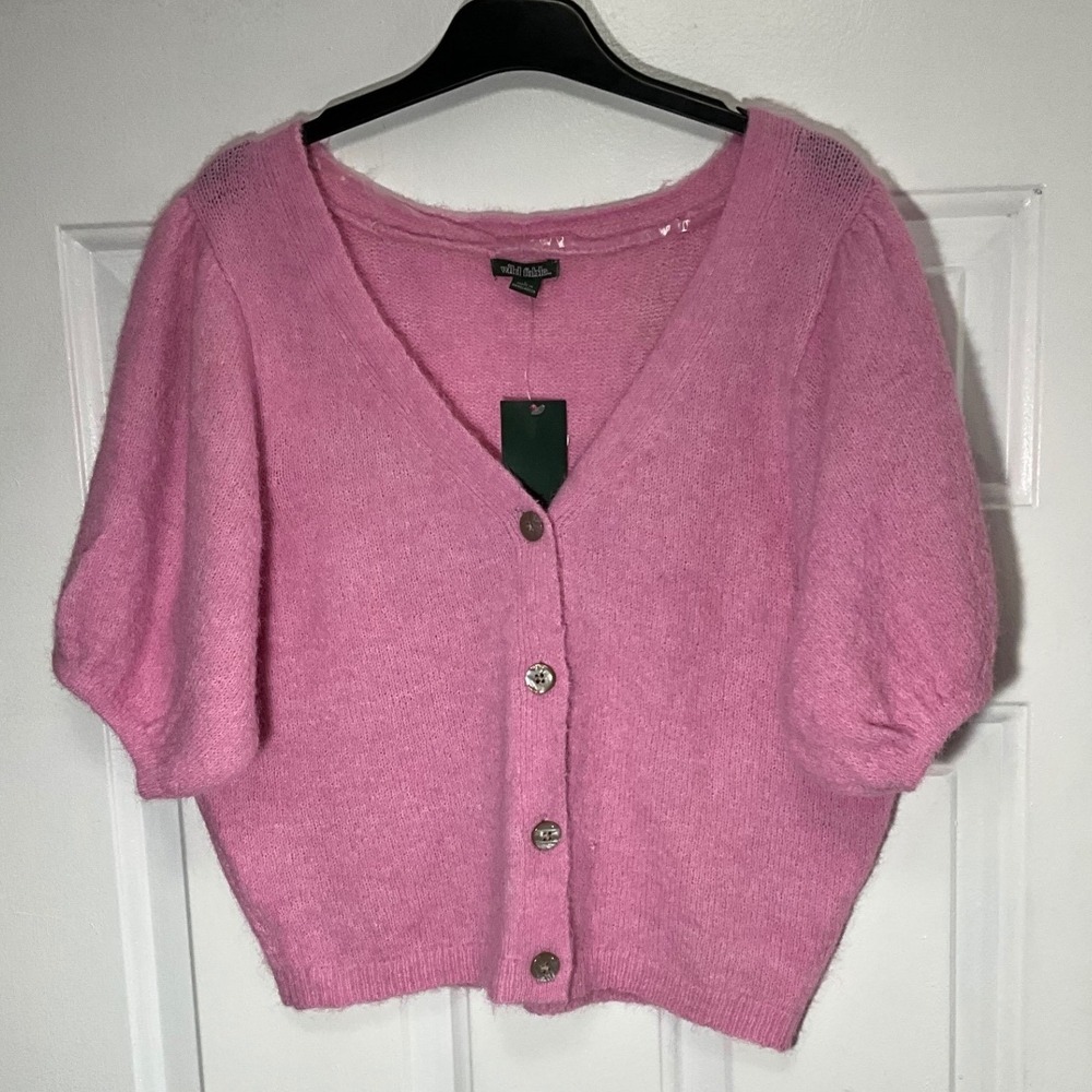 Wild Fable Pink Fuzzy Puff Short Sleeve Cropped Cardigan Sweater Large NWT